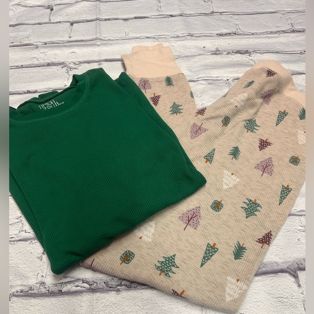 Green Thermal Top and Beige Patterned Pajama Set